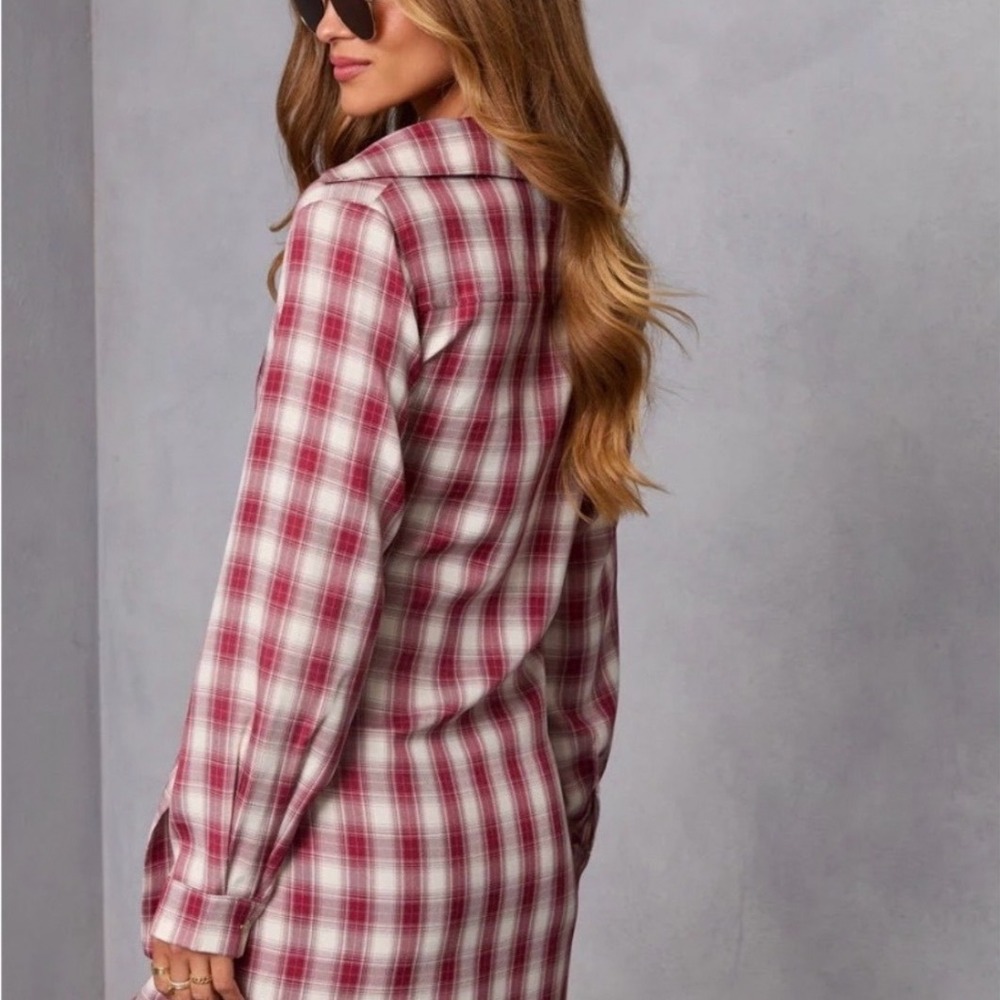 VICI Red White Plaid Front Tie Button Down Shirt Dress Mini Womens Large - Picture 2 of 13